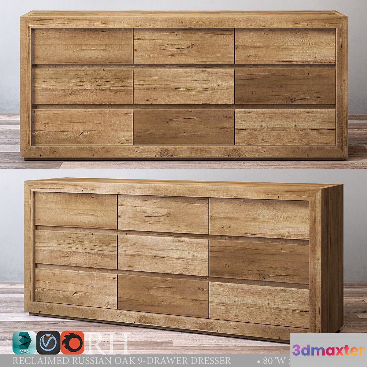 RECLAIMED RUSSIAN OAK 9-DRAWER DRESSER 3D Max