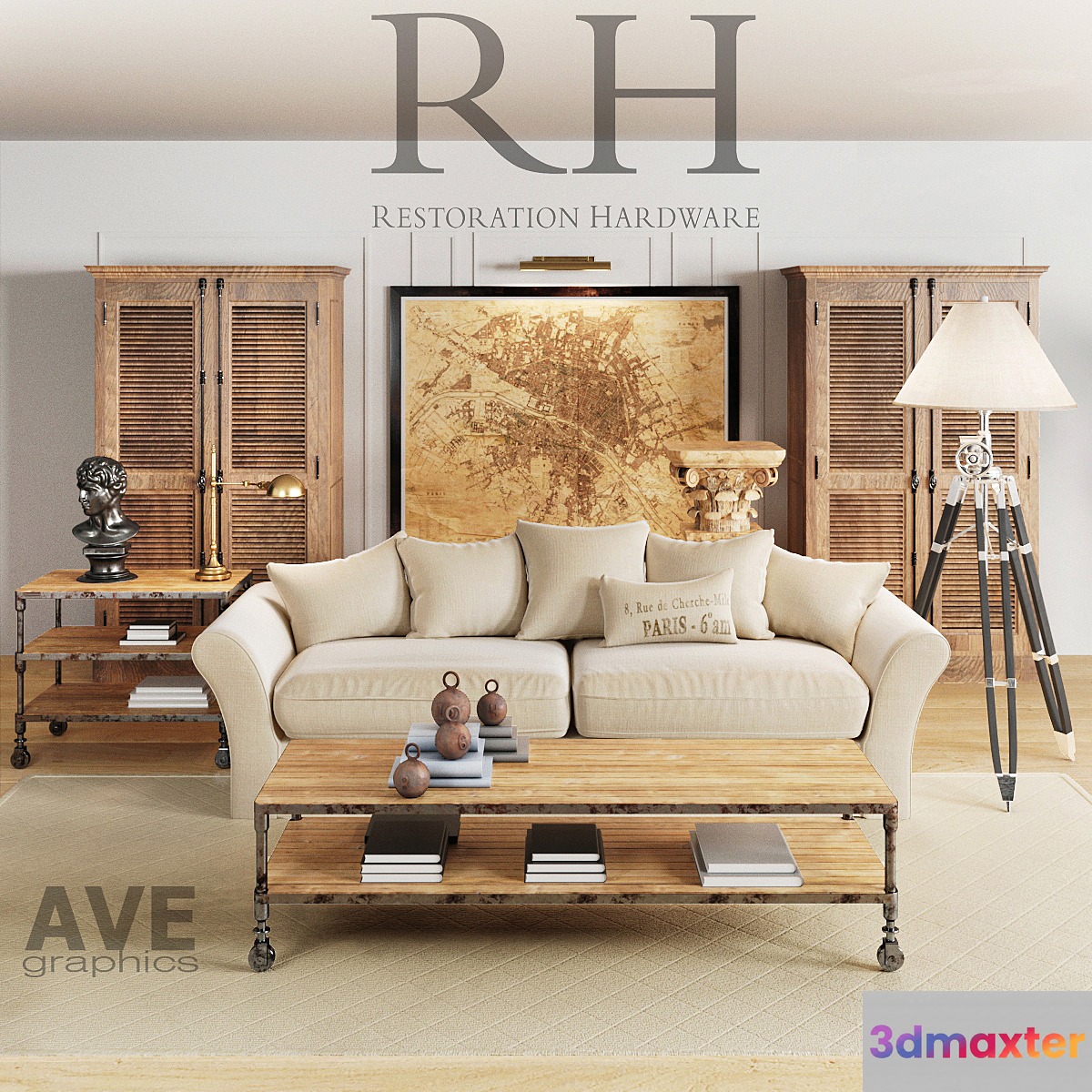 AVE Restoration Hardware Living Room set 3D Max