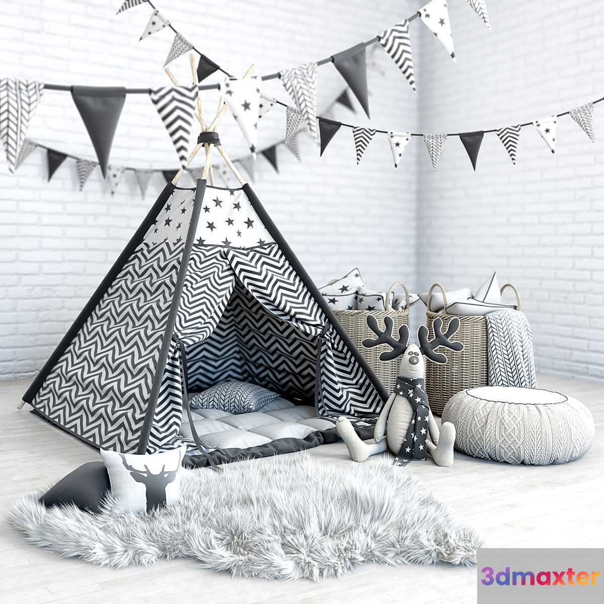 Wigwam with a mattress pillows fur skins baskets flags and deer - No.2