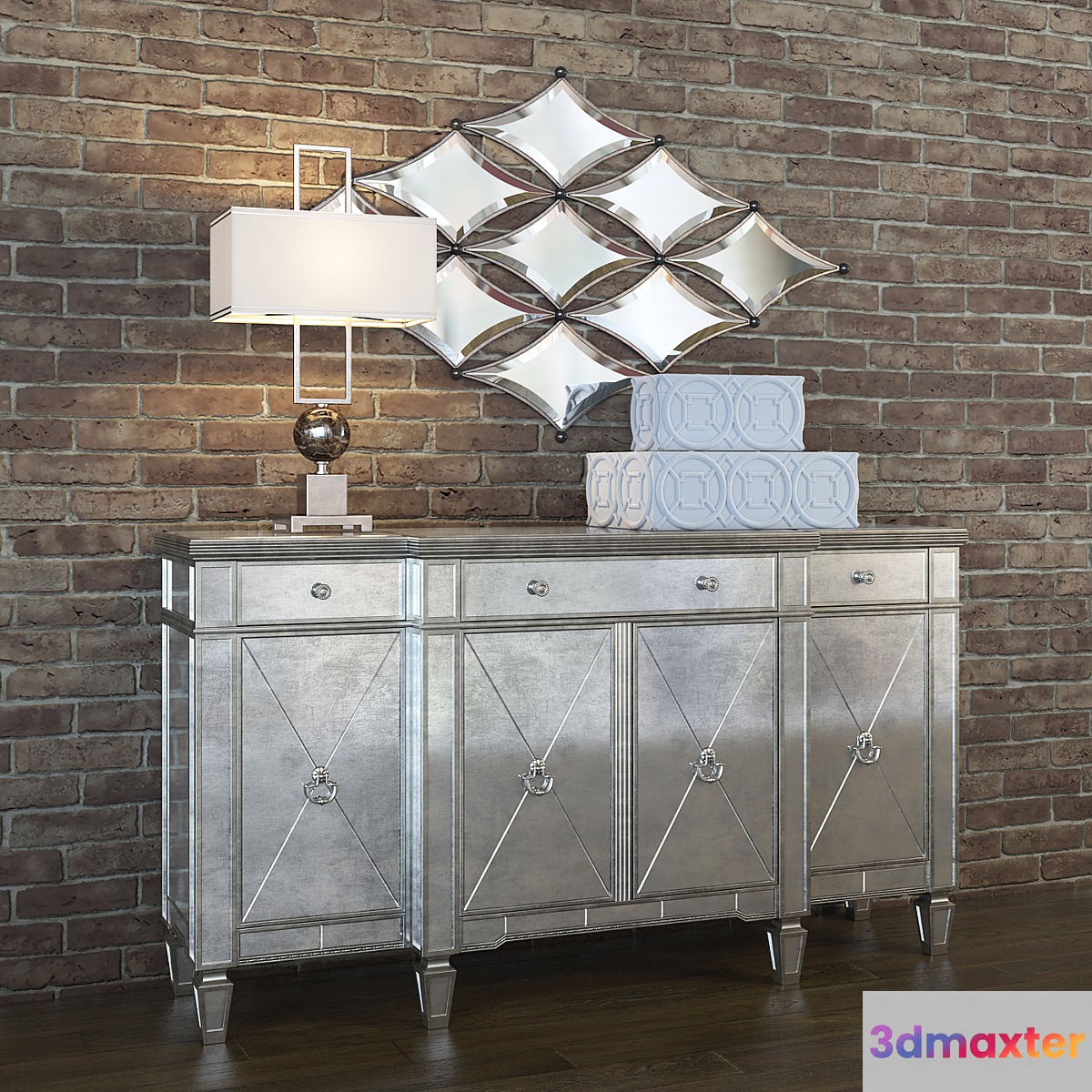 BASSETT MIRROR _ Borghese Buffet CHELSEA HOUSE _ Disk and Frame Lamp CHRISTOPHER GUY _ Les Diamants Mirror GLOBAL VIEWS _ Arabesque Trapunto Box