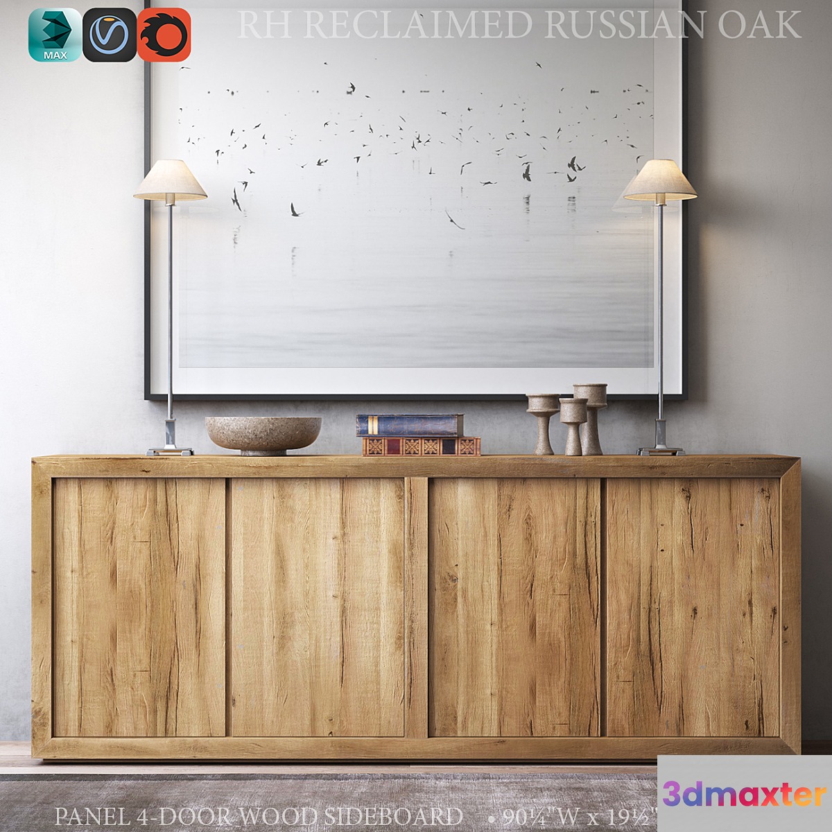RECLAIMED RUSSIAN OAK PANEL 4-DOOR WOOD SIDEBOARD 3D Max