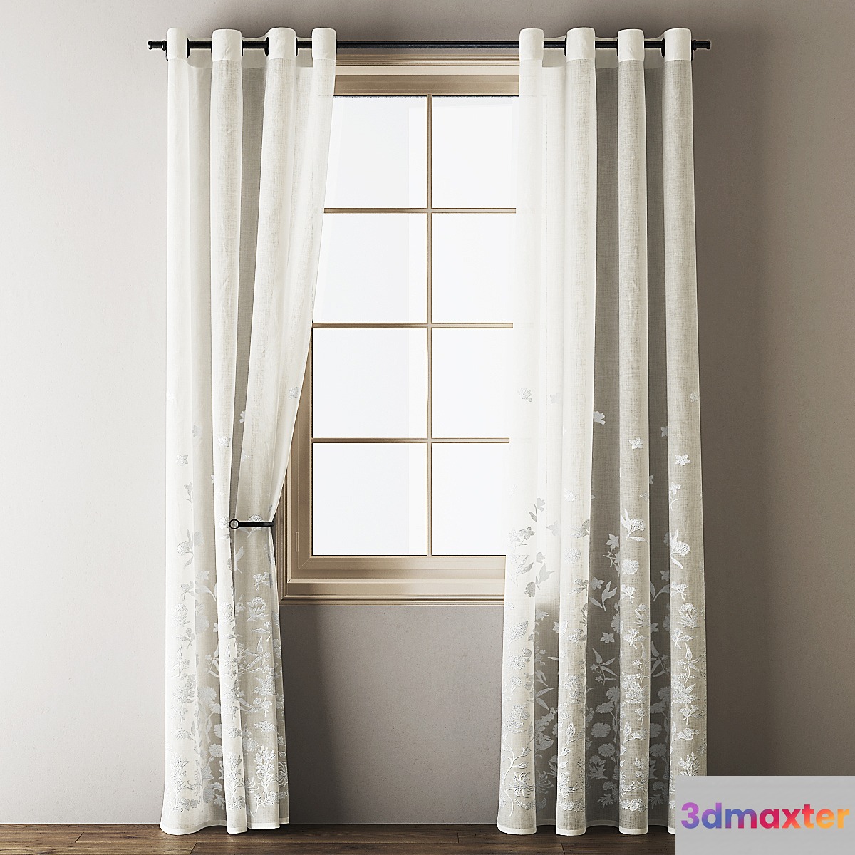 Floral Embroidered Linen Eyelet Curtains 3D Max