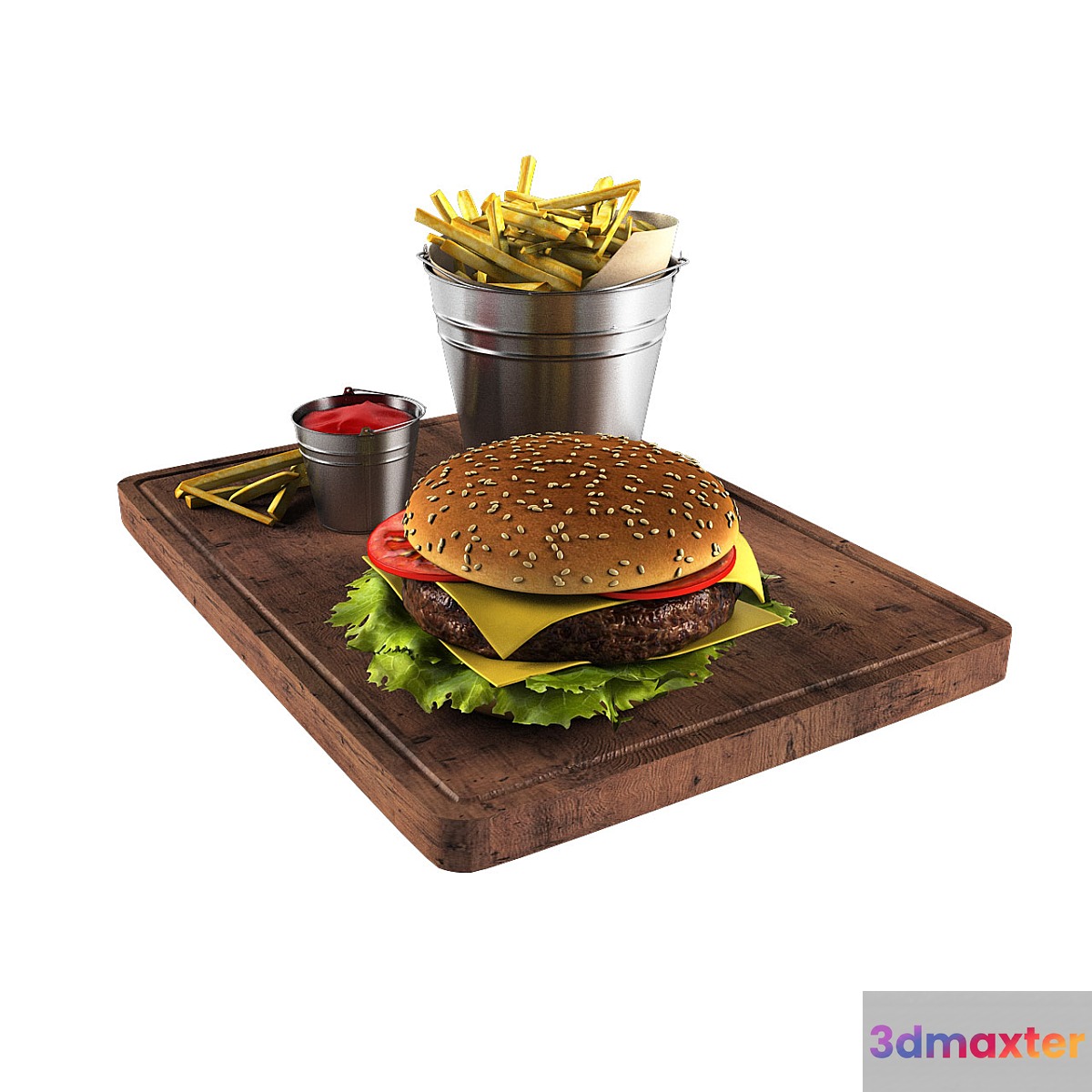 Hamburger and french fries in a bucket