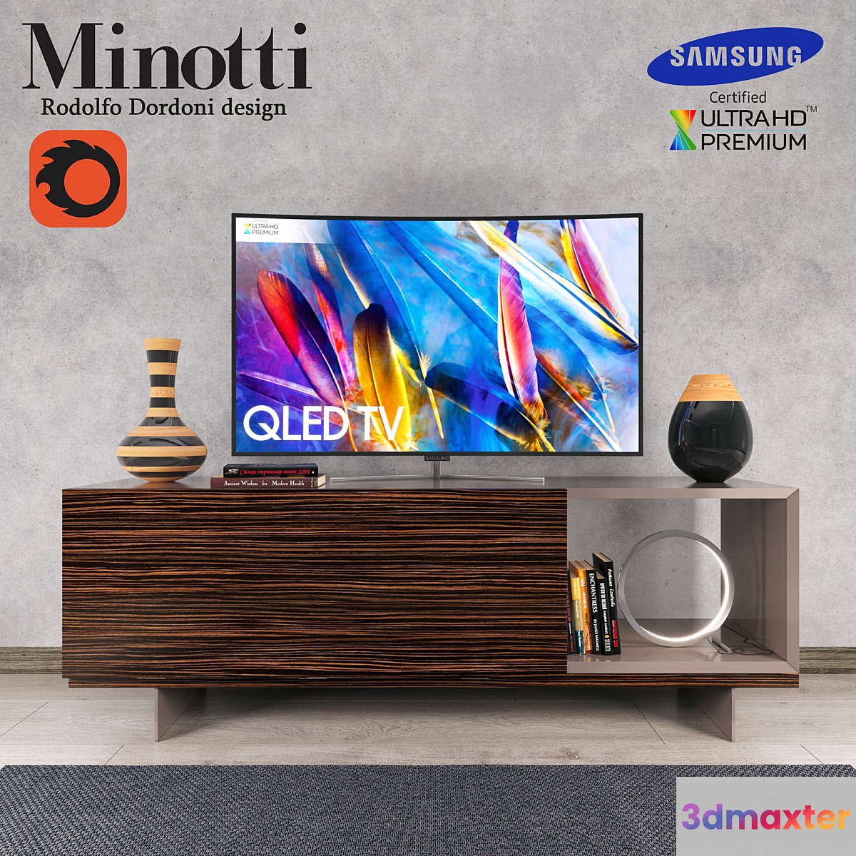 Lang Minotti tv console and Samsung QLEDTV 3D Max