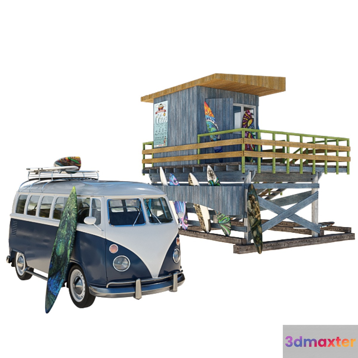 Surfing school with volkswagen t1 3D Max