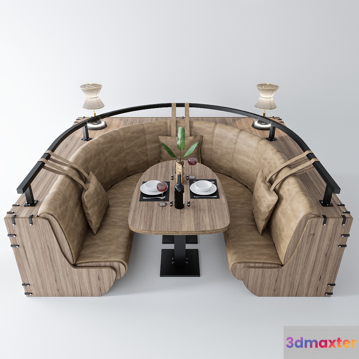Semicircular sofa with table and decor 3D Max