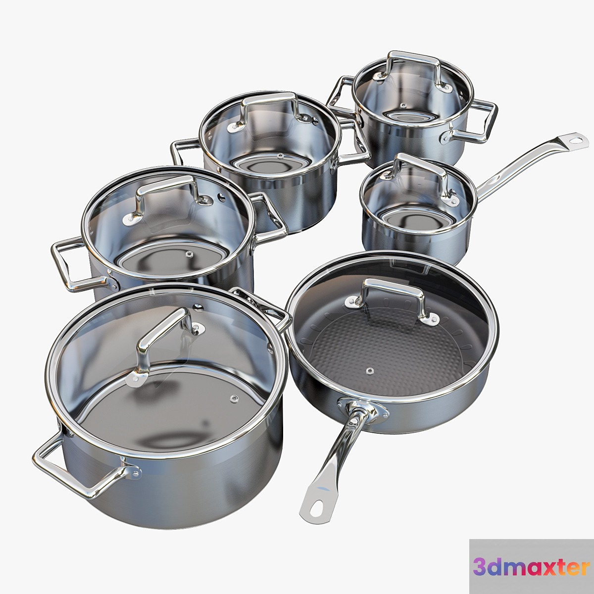 A set of stainless steel saucepans. Queen Ruby Company 3D Max
