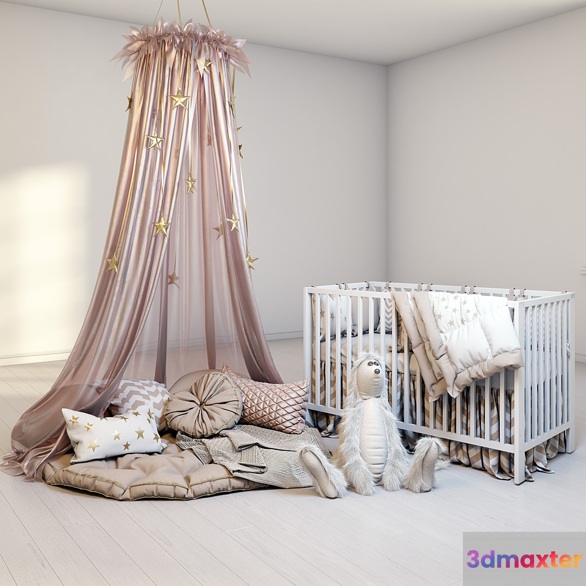 A cozy set for a children's room with a canopy a cot IKEA Gulliver and a fluffy rabbit.