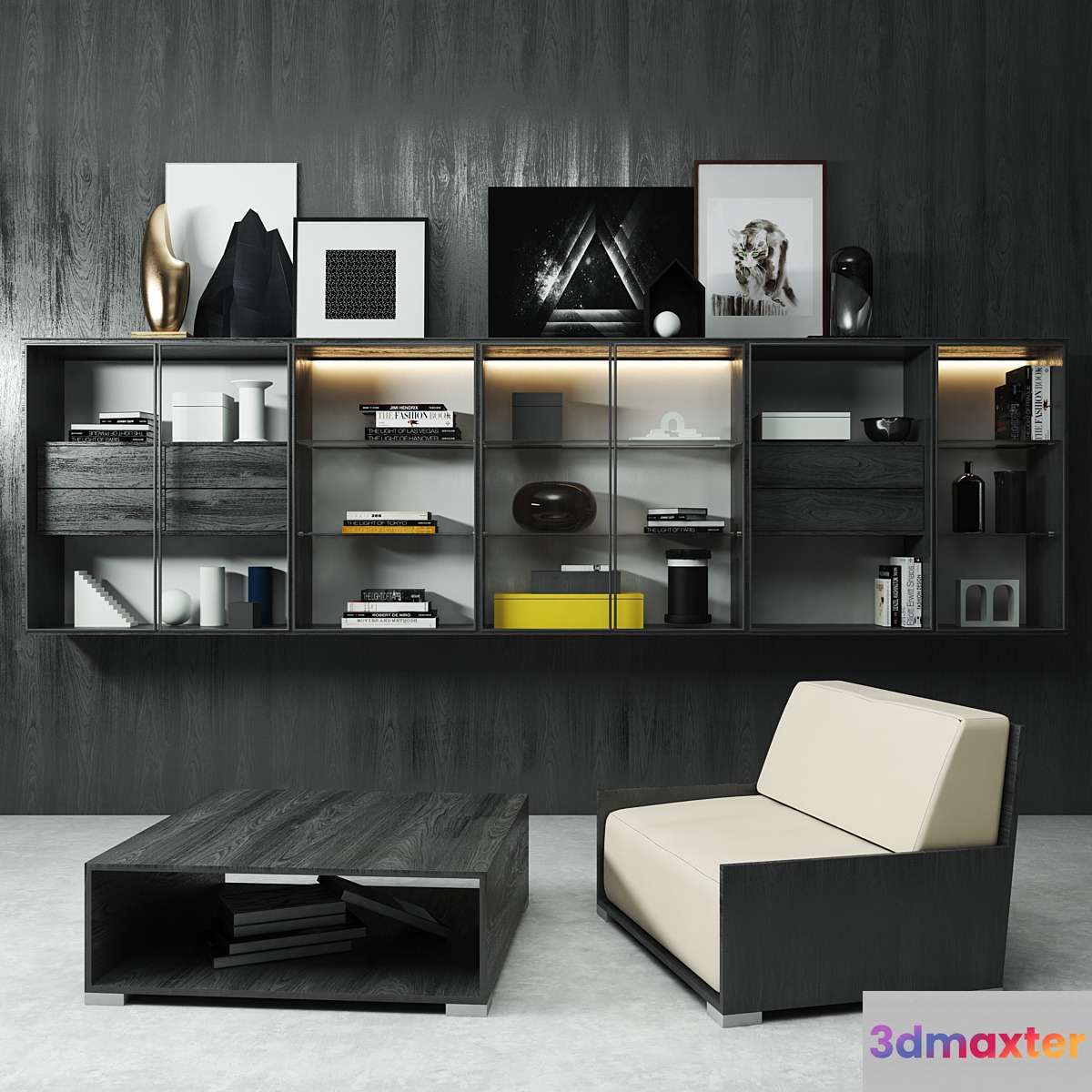 Shelf with books decor and an armchair