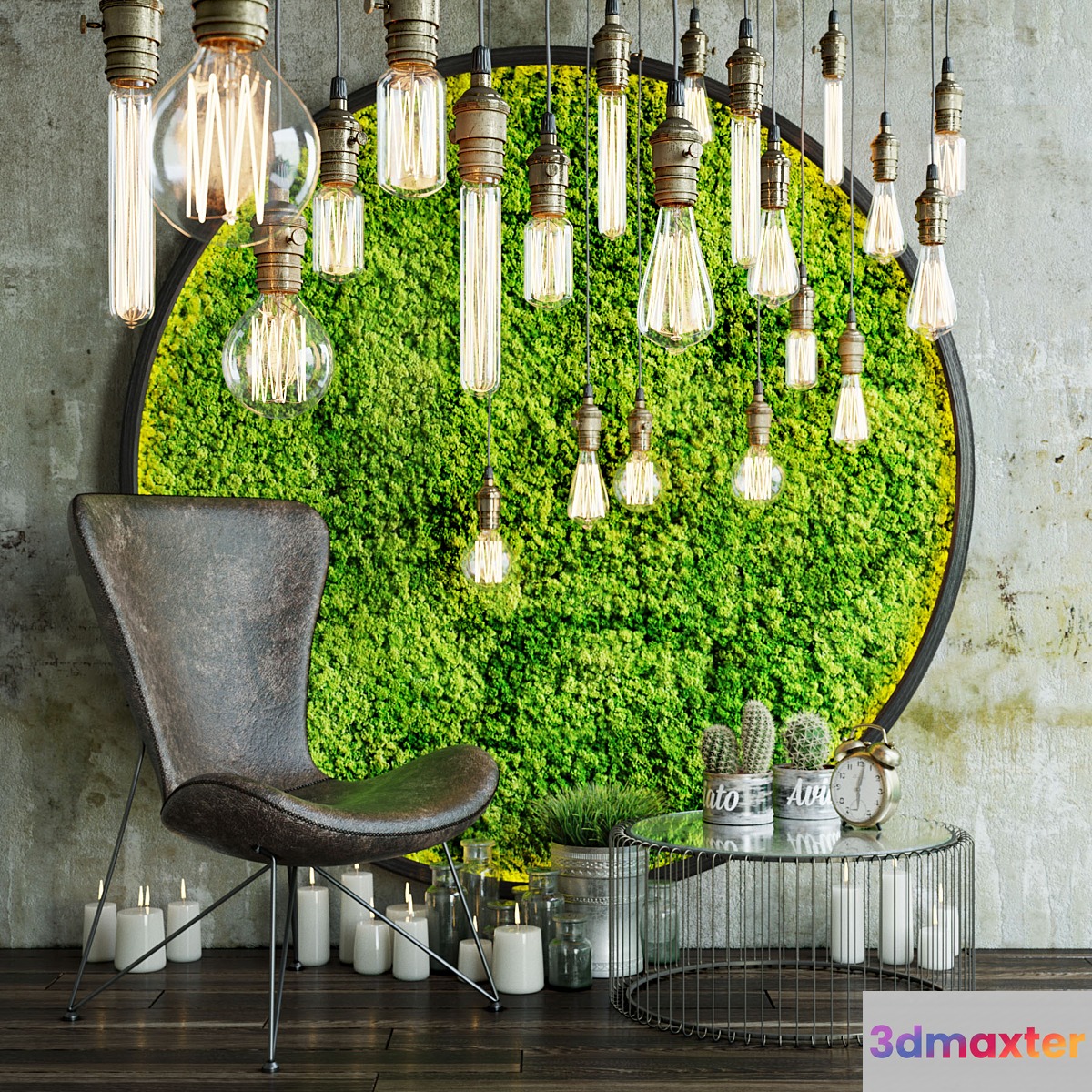Decor set with moss and lamps