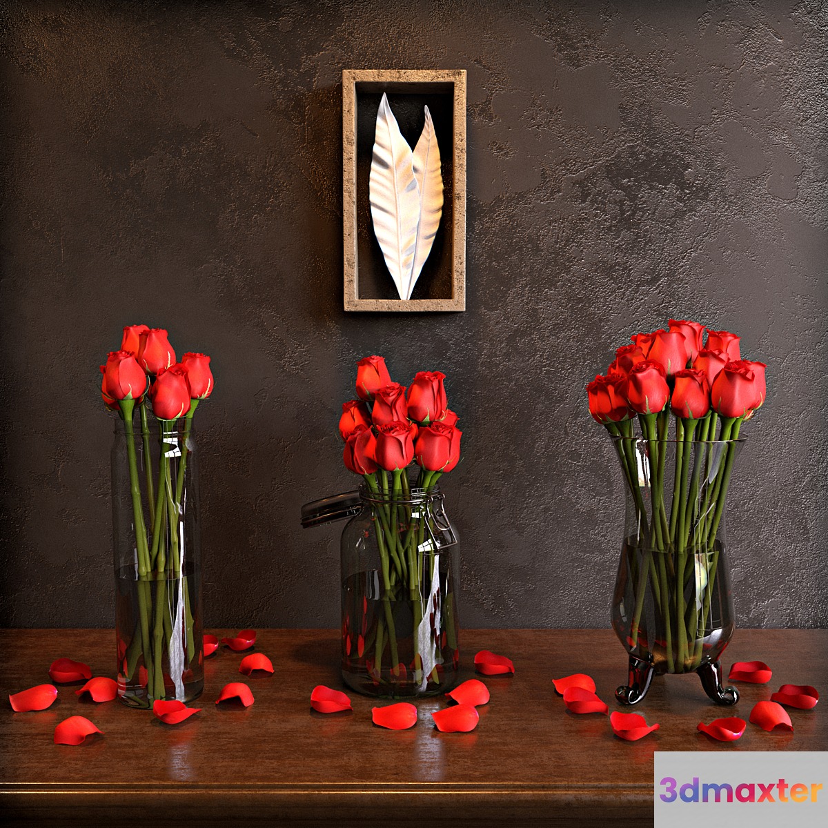 Roses in vases on a classical chest of drawers + decor Palecek