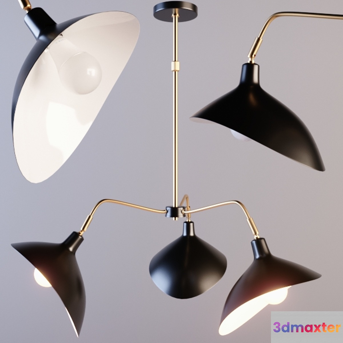Matte Black And Brass 3 Arm Chandelier 3D Max