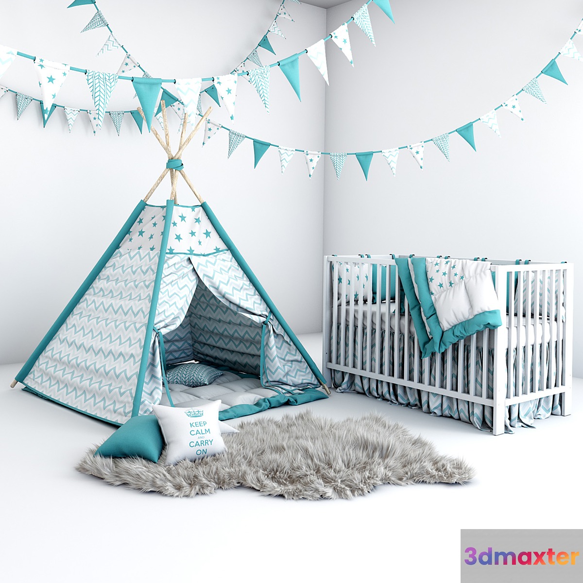 Set for baby boy - wigwam with mattress pillows fur coat and cot 3D Max