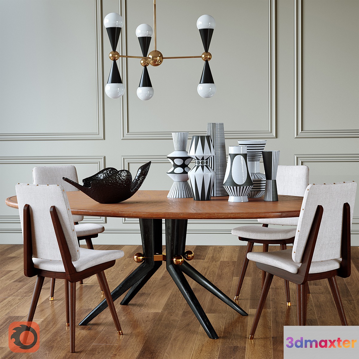 Trocadero wood dining table Camille dinning chair Caracas Six-light chandelier Vases Flying bird 3D Max