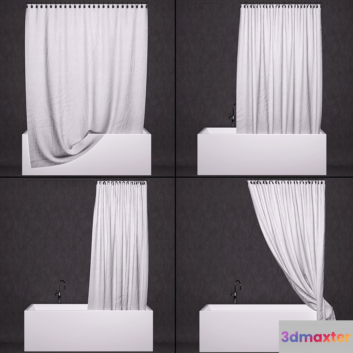 Bathroom curtains + bathtub + faucet 3D Max