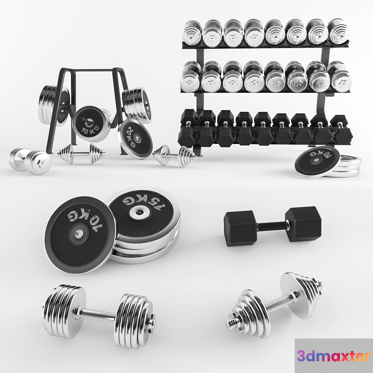 A set of sports dumbbells and pancakes on the racks. 3D Max