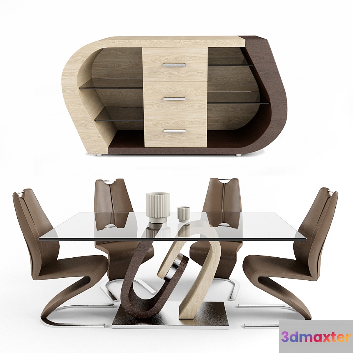 Dining Room Set in Oak and Walnut 3D Max