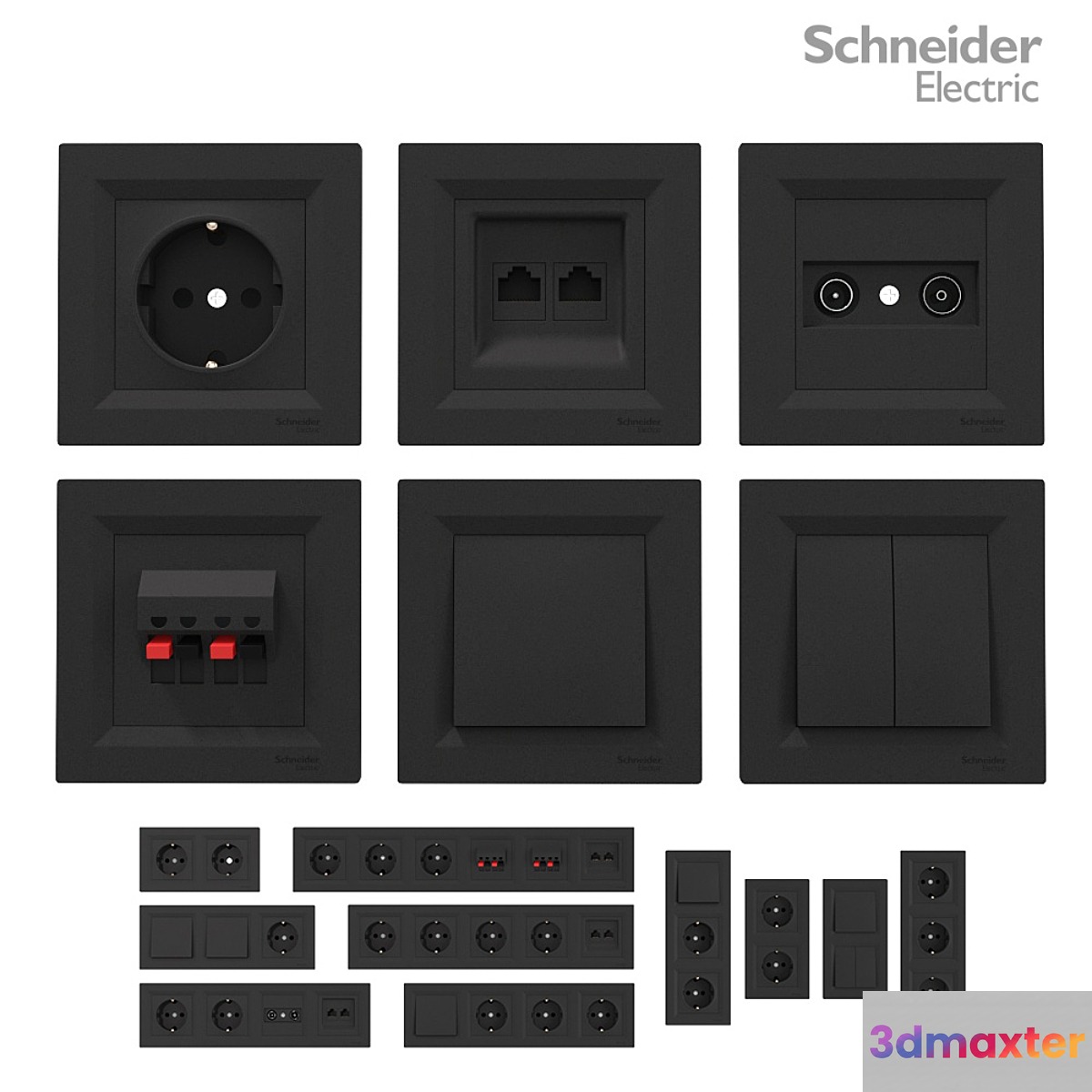 Sockets and switches Schneider Asfora Black. 3D Max