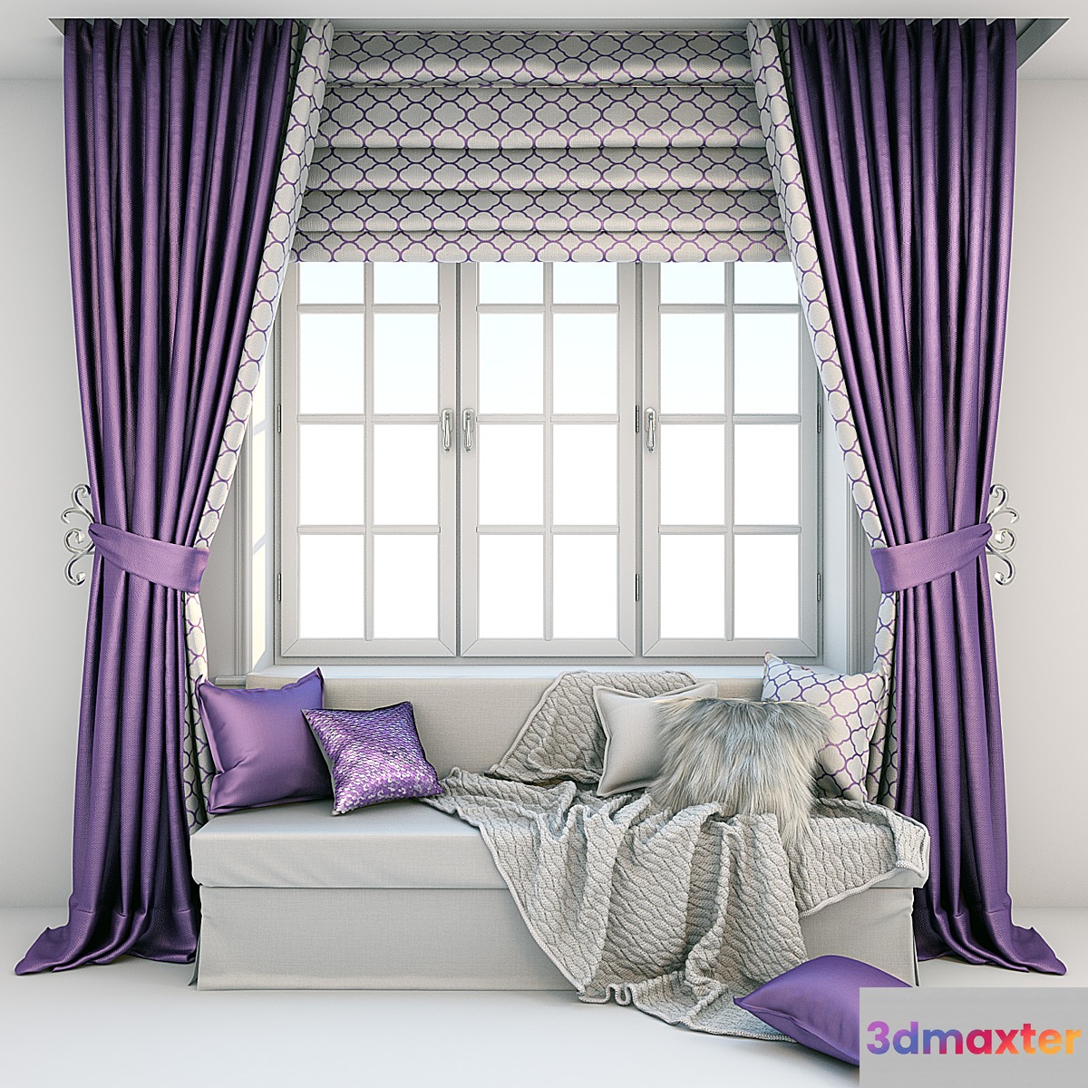 Soft window area - sofa with cushions blankets and curtains 3D Max