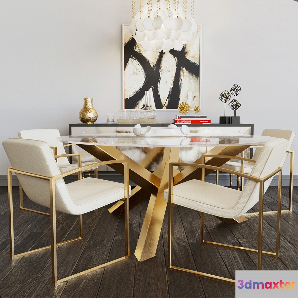 Luxury set of furniture. Collection of table and chairs with elements of gold and glass