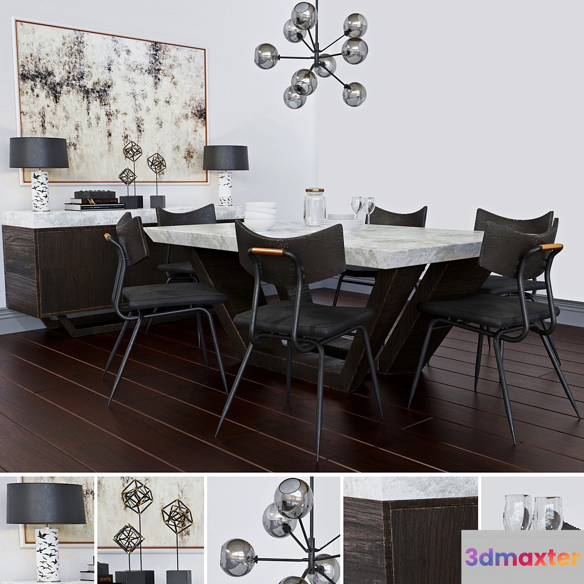 Table with chairs in the living room. Chest of drawers