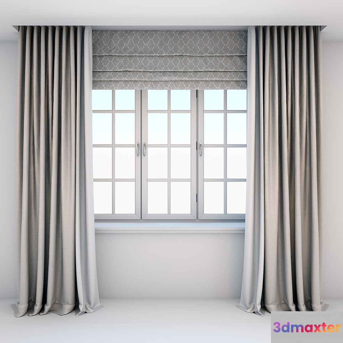 Direct curtains in the floor and Roman curtains in a modern style with a window 3D Max