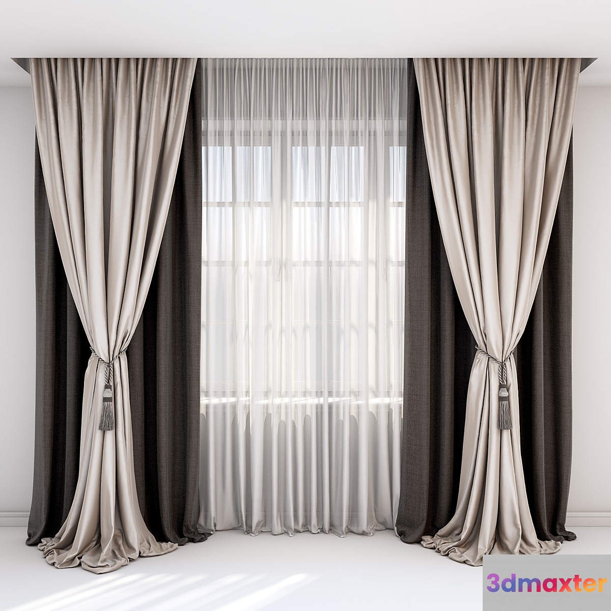 Curtains with pick-up - a brush and straight curtains in brown-beige tones. - No.2