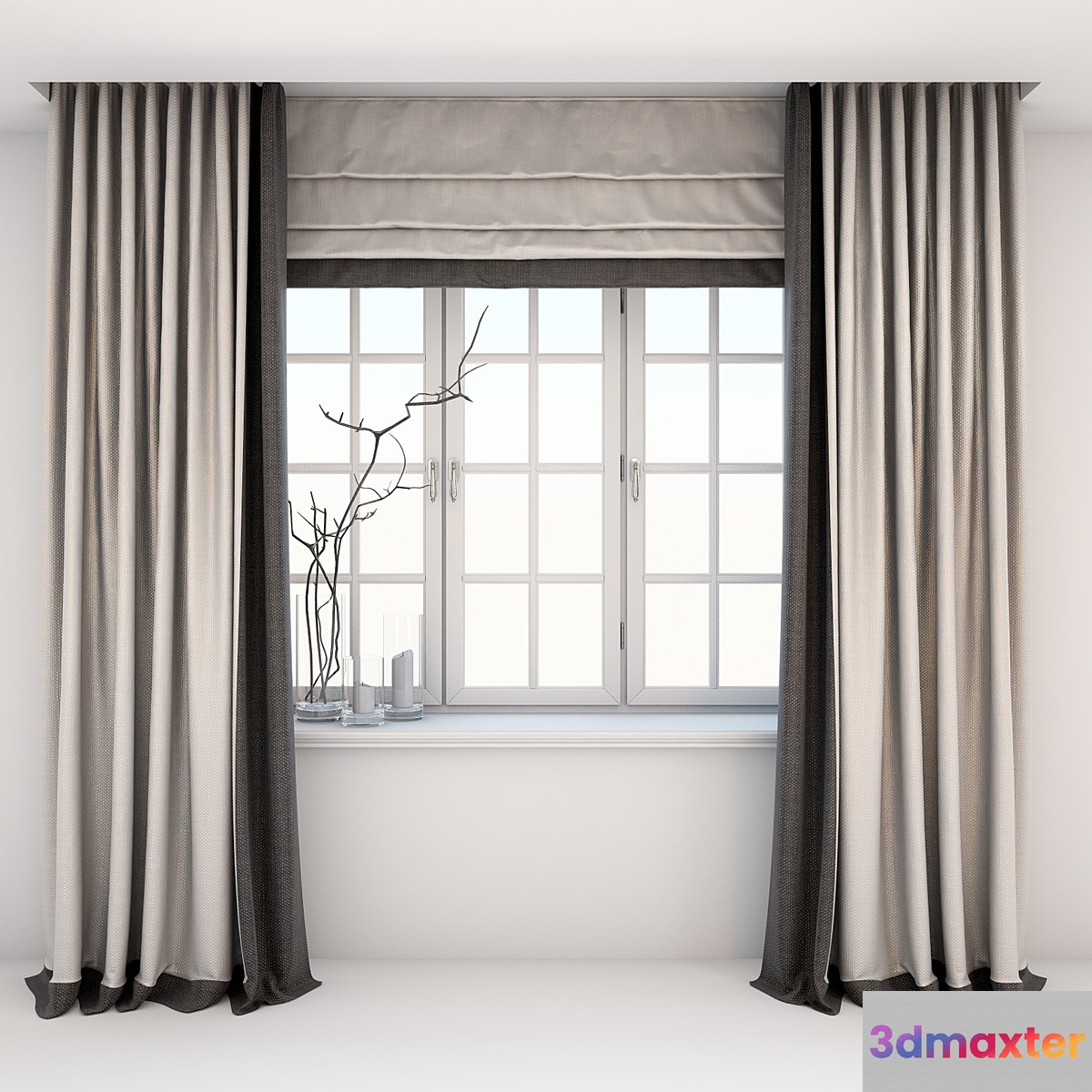 Direct two-color curtains in the floor and Roman curtains in a modern style with a window