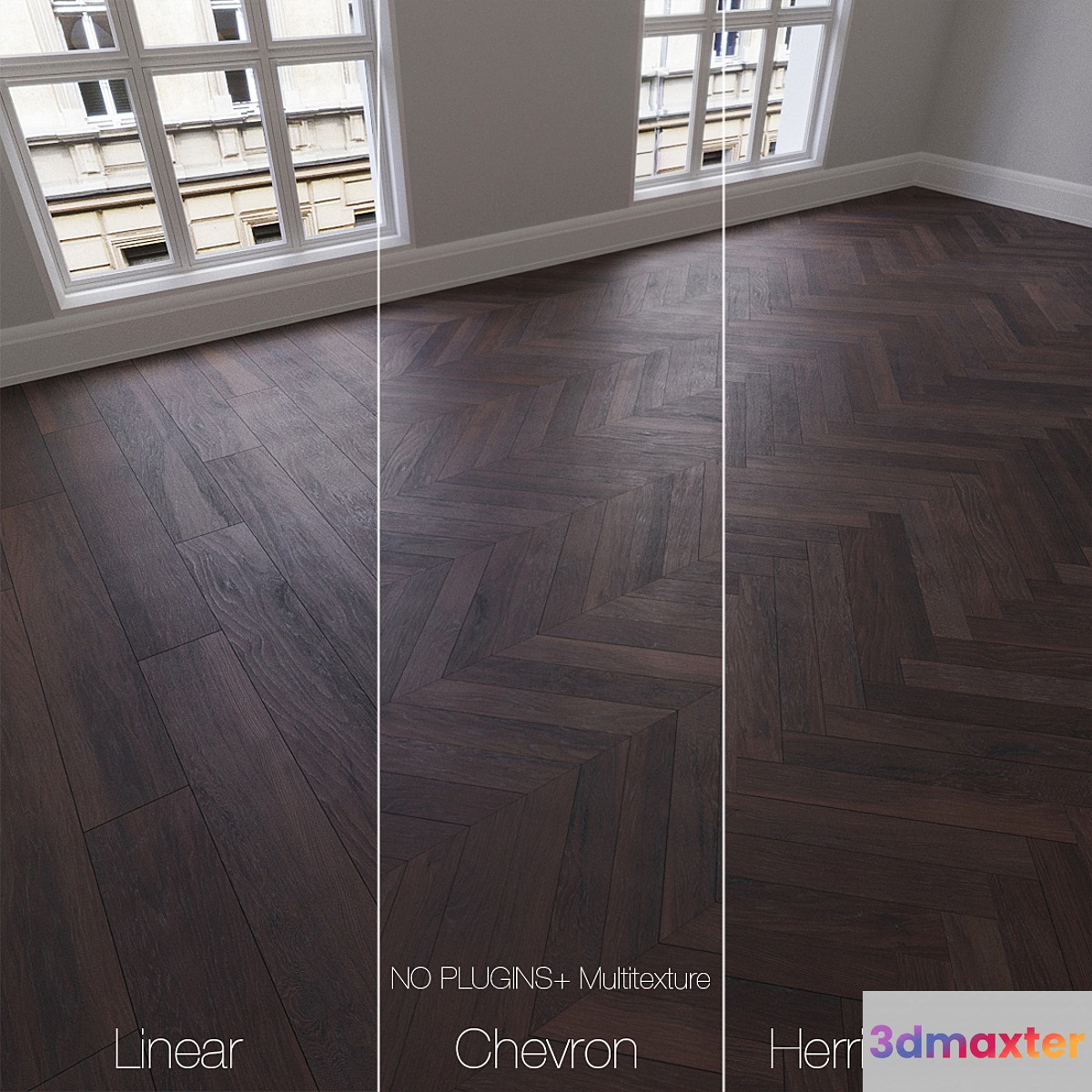 Parquet natural oak Smoky mountains 3 types. Linear chevron herringbone.