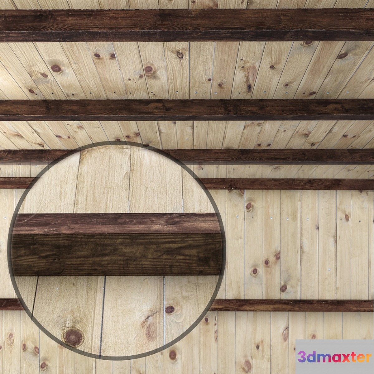 Wooden ceiling with beams.