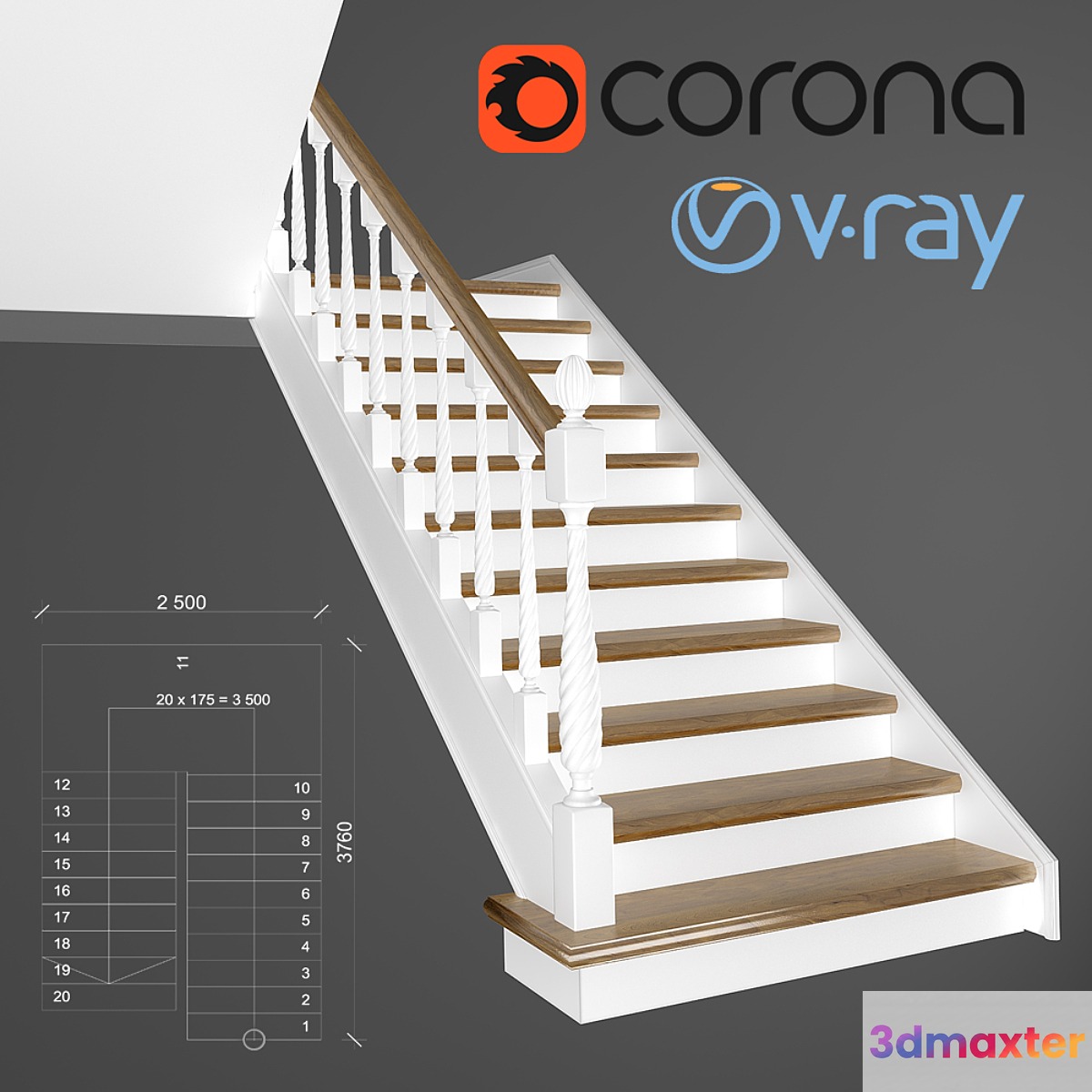 Classic two-staircase staircase 3D Max