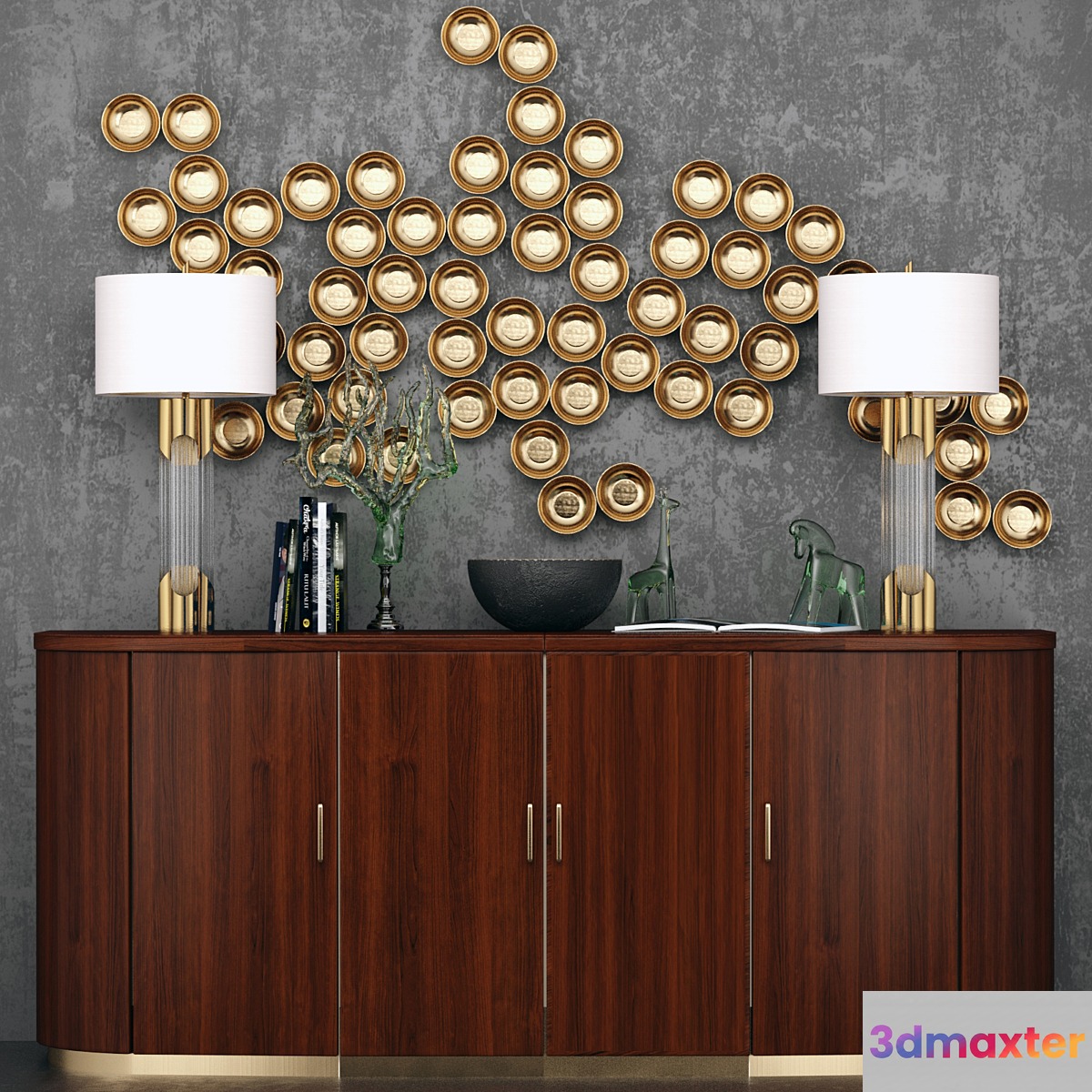 Luxury chest of drawers with lamps and decor. panel