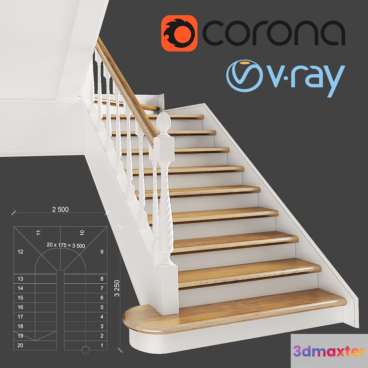 Classic two-march staircase with staggered steps 3D Max
