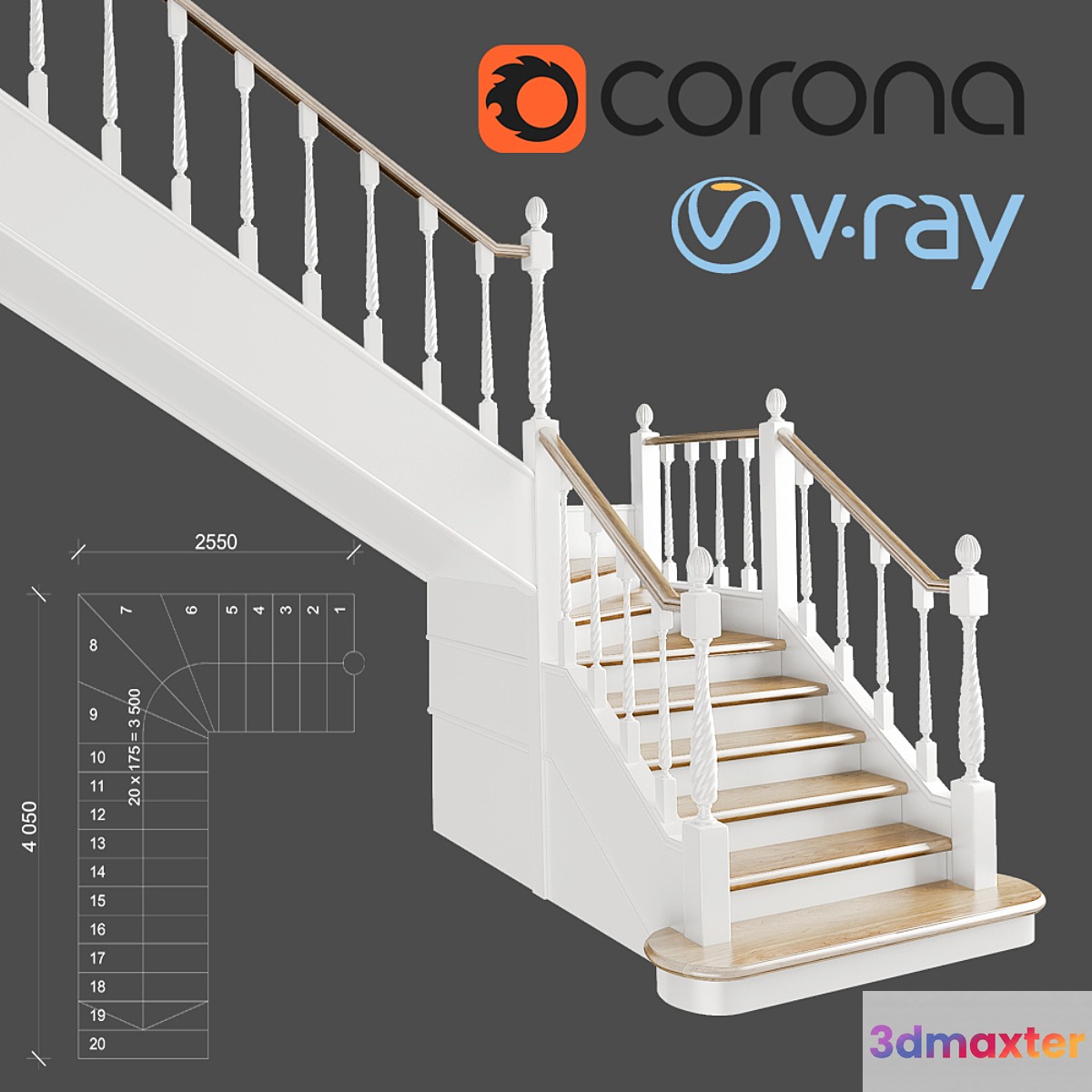 Classic angular staircase with staggered steps 3D Max