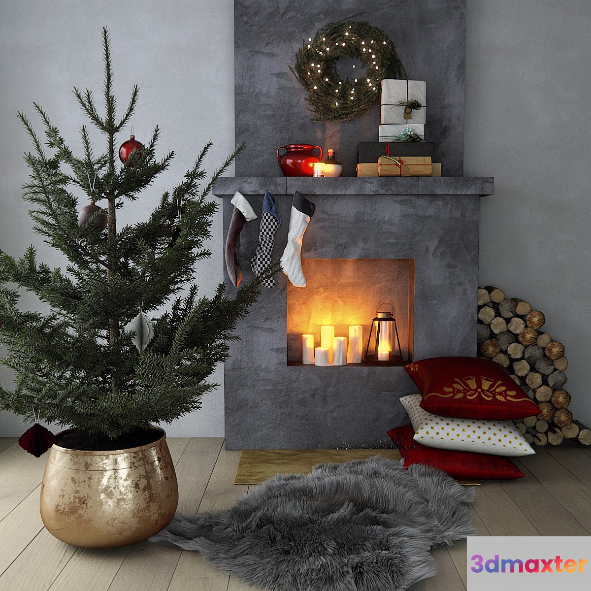 Fireplace with Christmas decor - No.2 3D Max