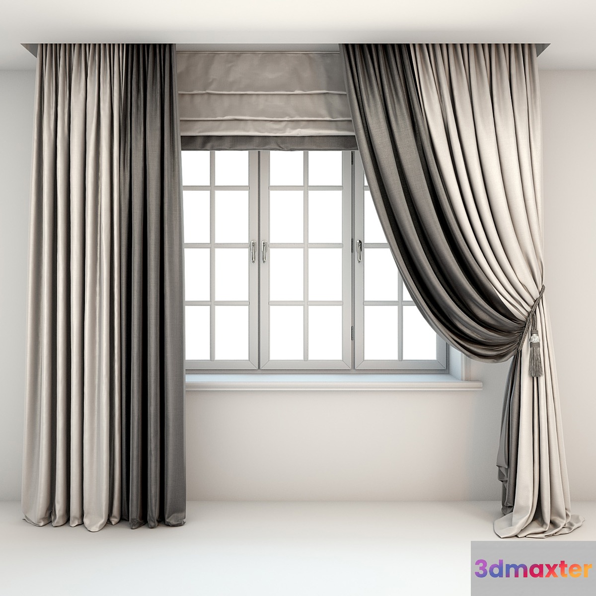 Two-color curtains the floor is straight and with a pick-up brush Roman curtains and a window 3D Max