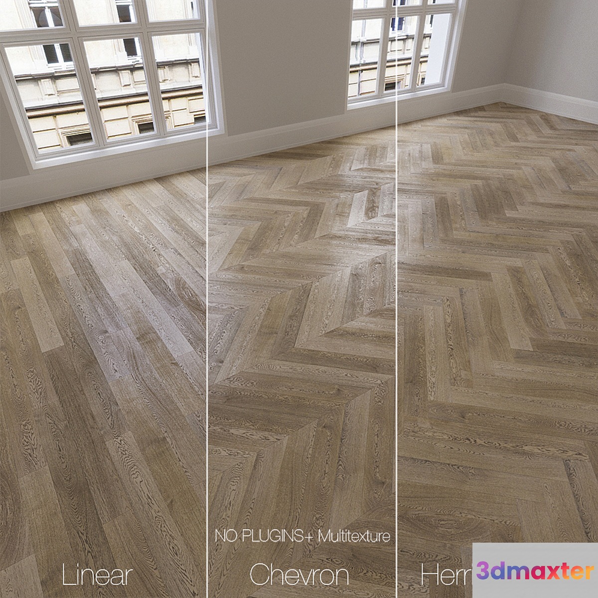 Parquet natural oak Vintage 3 types. Linear chevron herringbone. 3D Max