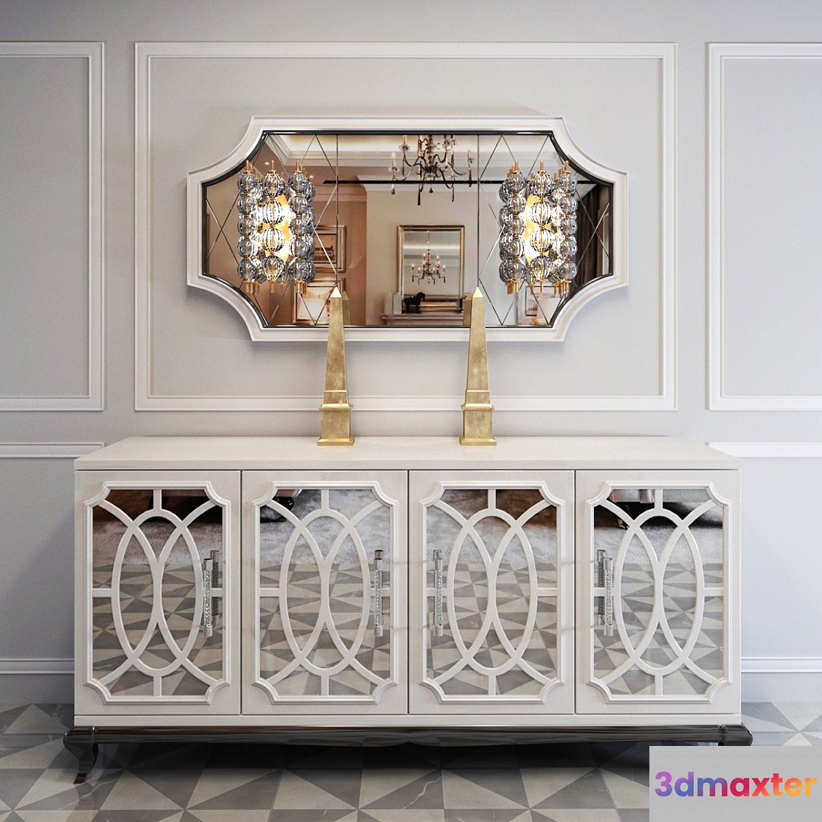 High End Italian White Fretwork Mirrored Sideboard