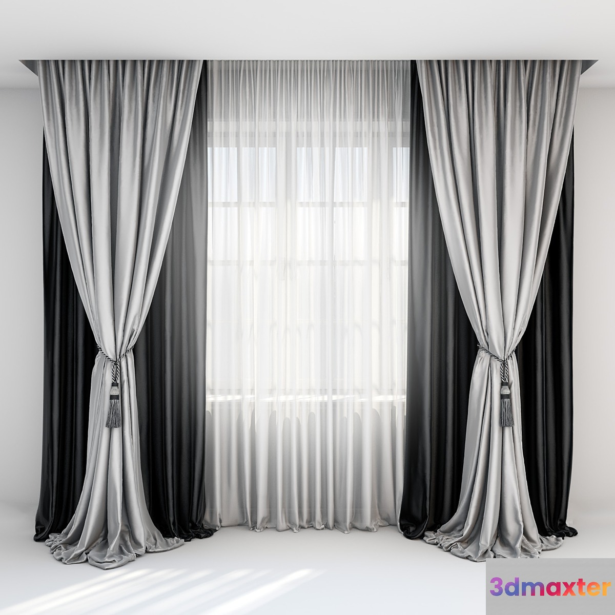 Black satin curtains with pick-up brush gray curtains in the floor and tulle