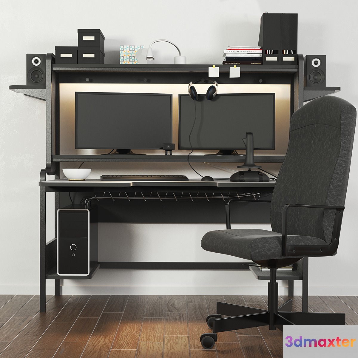 A set of office furniture in a minimalist style with a computer. Books stationery
