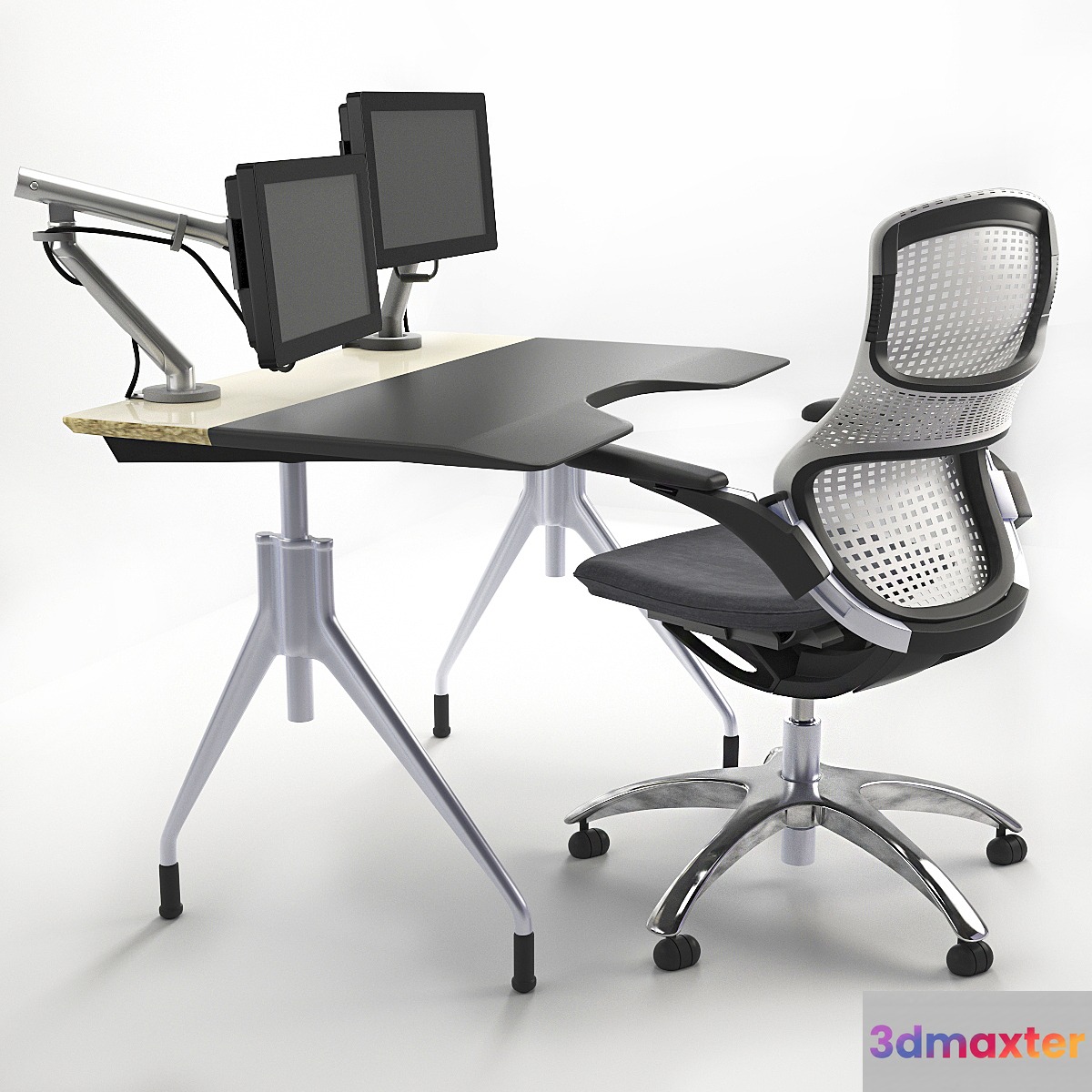 Working table with Knoll chair monitors. 3D Max