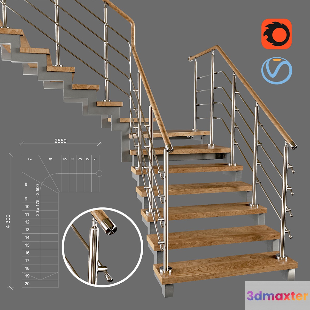 Contemporary corner staircase with staggered steps 3D Max