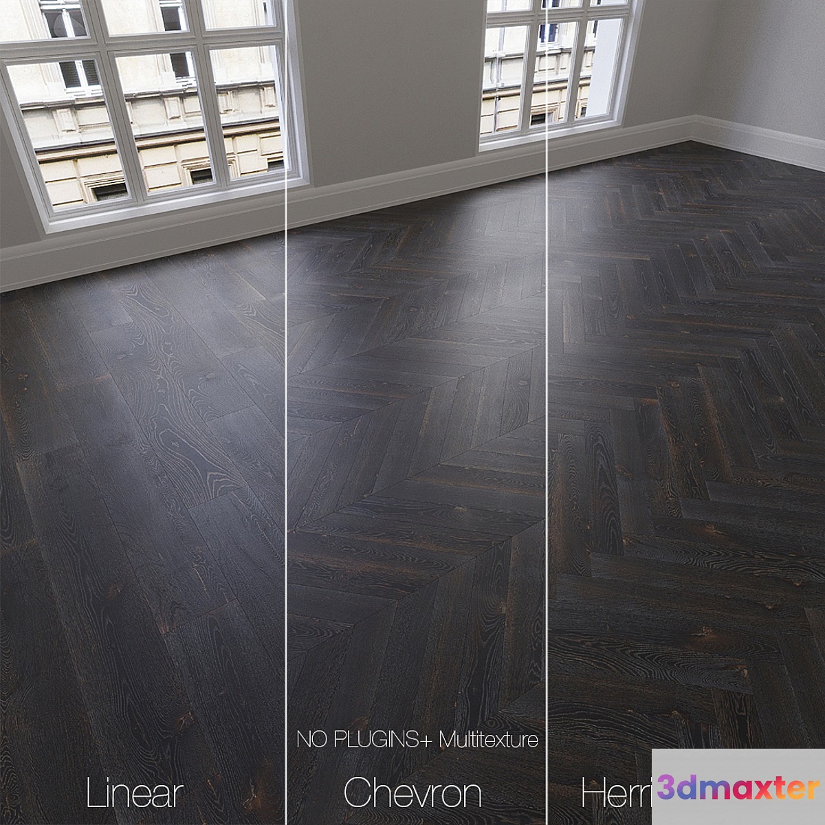 Parquet natural oak Night 3 types. Linear chevron herringbone.