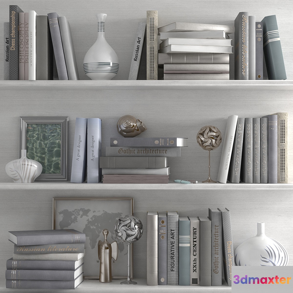 A set of books with a decor in bright tones on the shelves