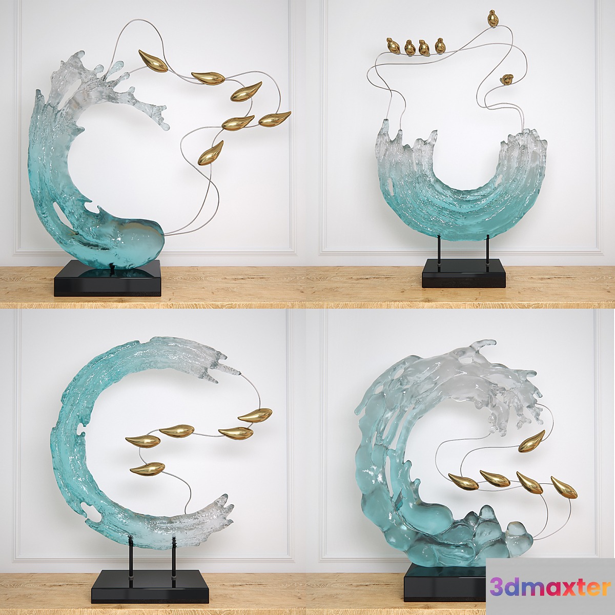 Abstract RESIN sculpture with birds glass material 3D Max
