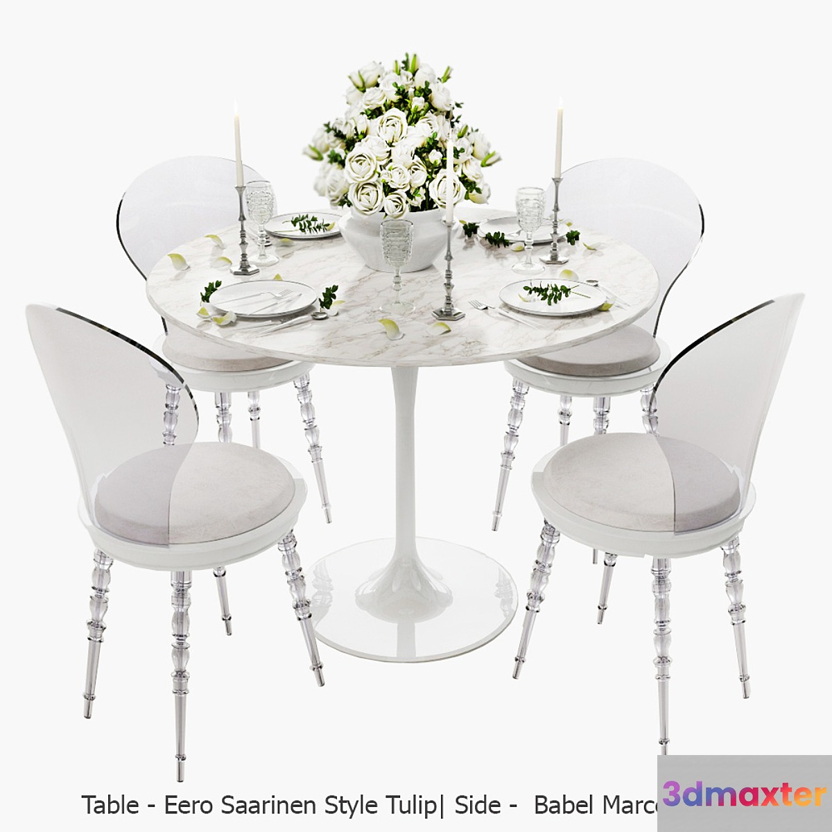 White set _ Babel chair by Marcel Wanders table Eero Saarinen Style Tulip serving.
