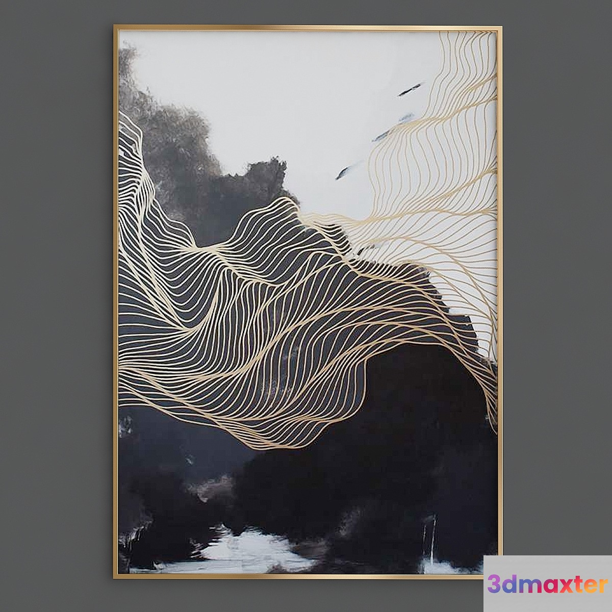 Modern simple abstract print ink gold lines Canvas Painting Picture 3D Max