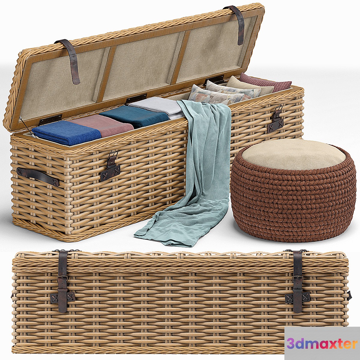 Brenna Leather Accent Woven Rattan Trunk pouf