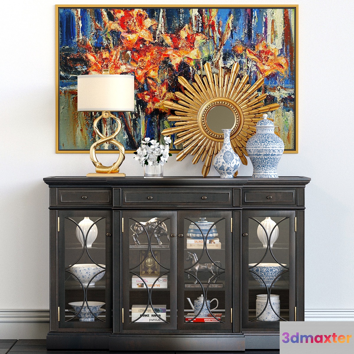 A chest of drawers with a collection of decor a lamp and a set of sculptures - No.3
