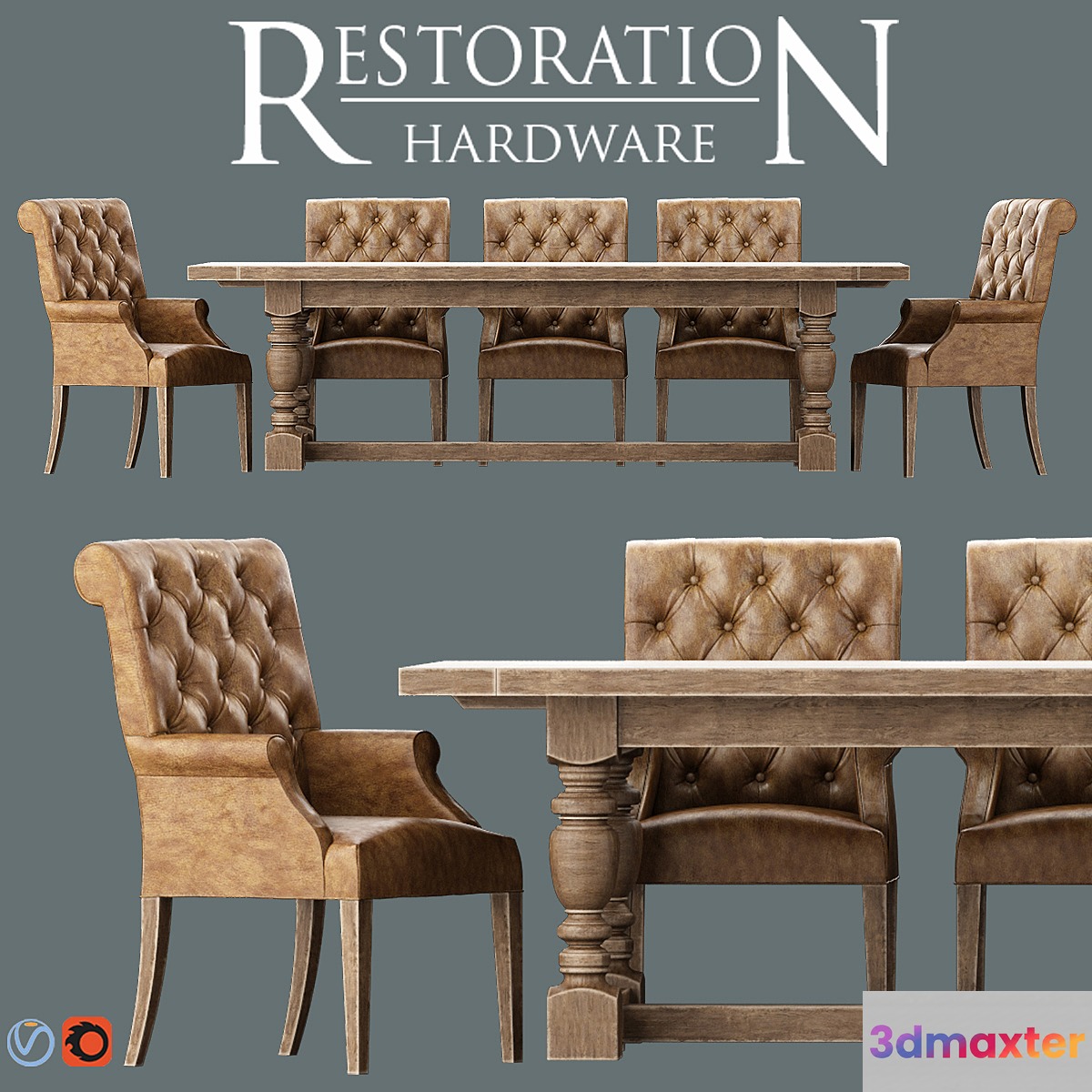 Bennett Roll-Back Armchair _ 1930s French Farmhouse Rectangular Dining Table 3D Max